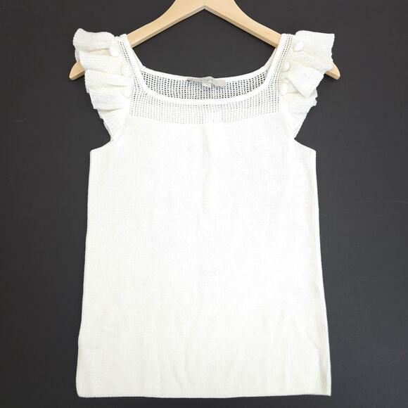 LOFT Knit Top S White Square Neck Flutter Crochet Pom Preppy Resort Casual - Picture 1 of 7